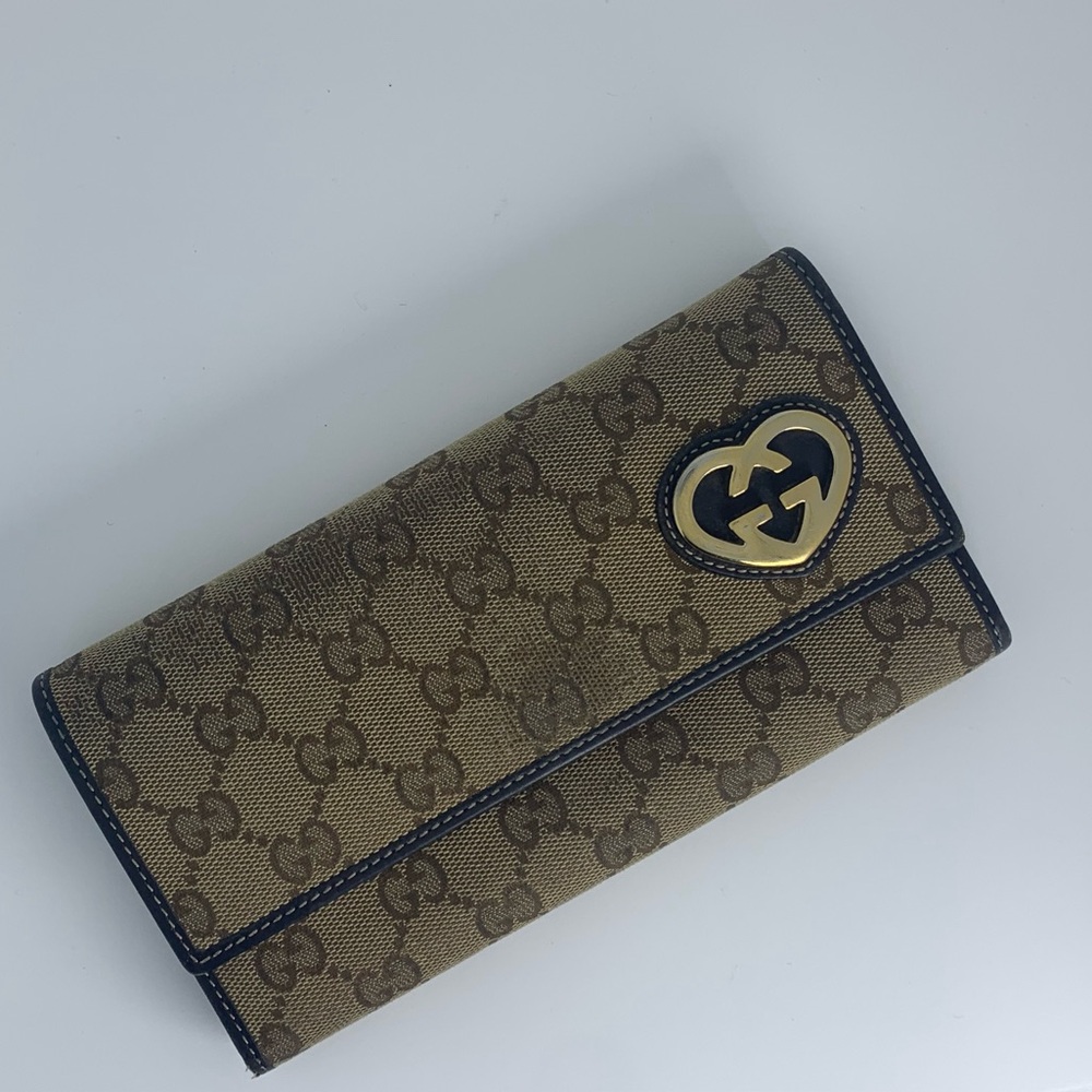 GUCCI HEART SIGNATURE JACQUARD GG BROWN LEATHER TRIM WALLET
